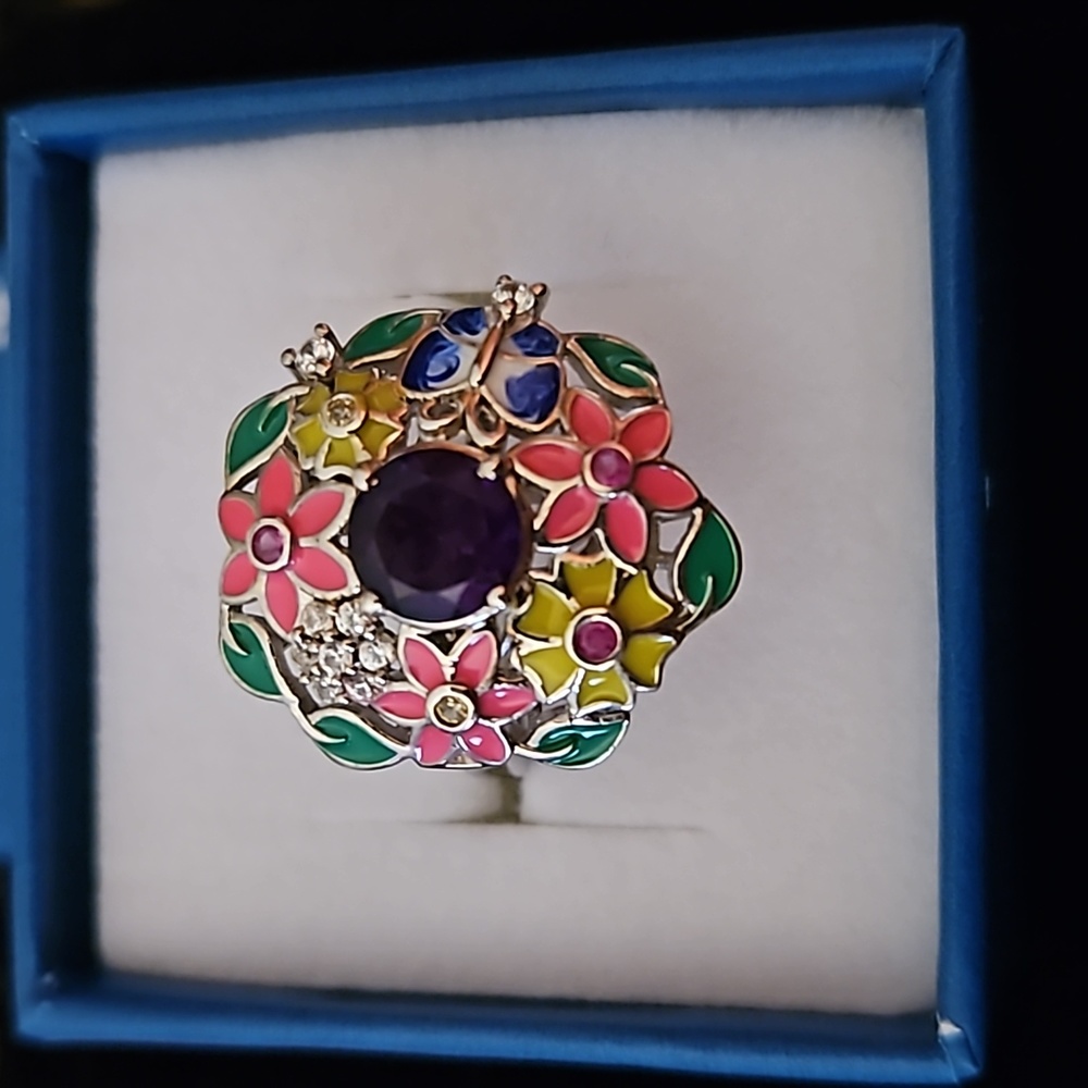 Amethyst Multigemstone and Enameled Floral Ring